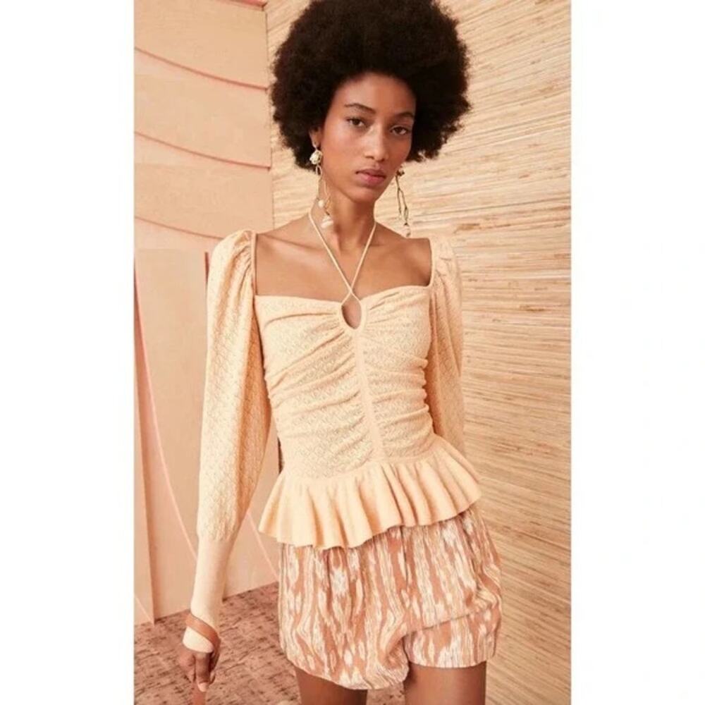 Ulla Johnson Leland Pointelle‎ Long Sleeve Halter Peplum Honey Peach Top Size S